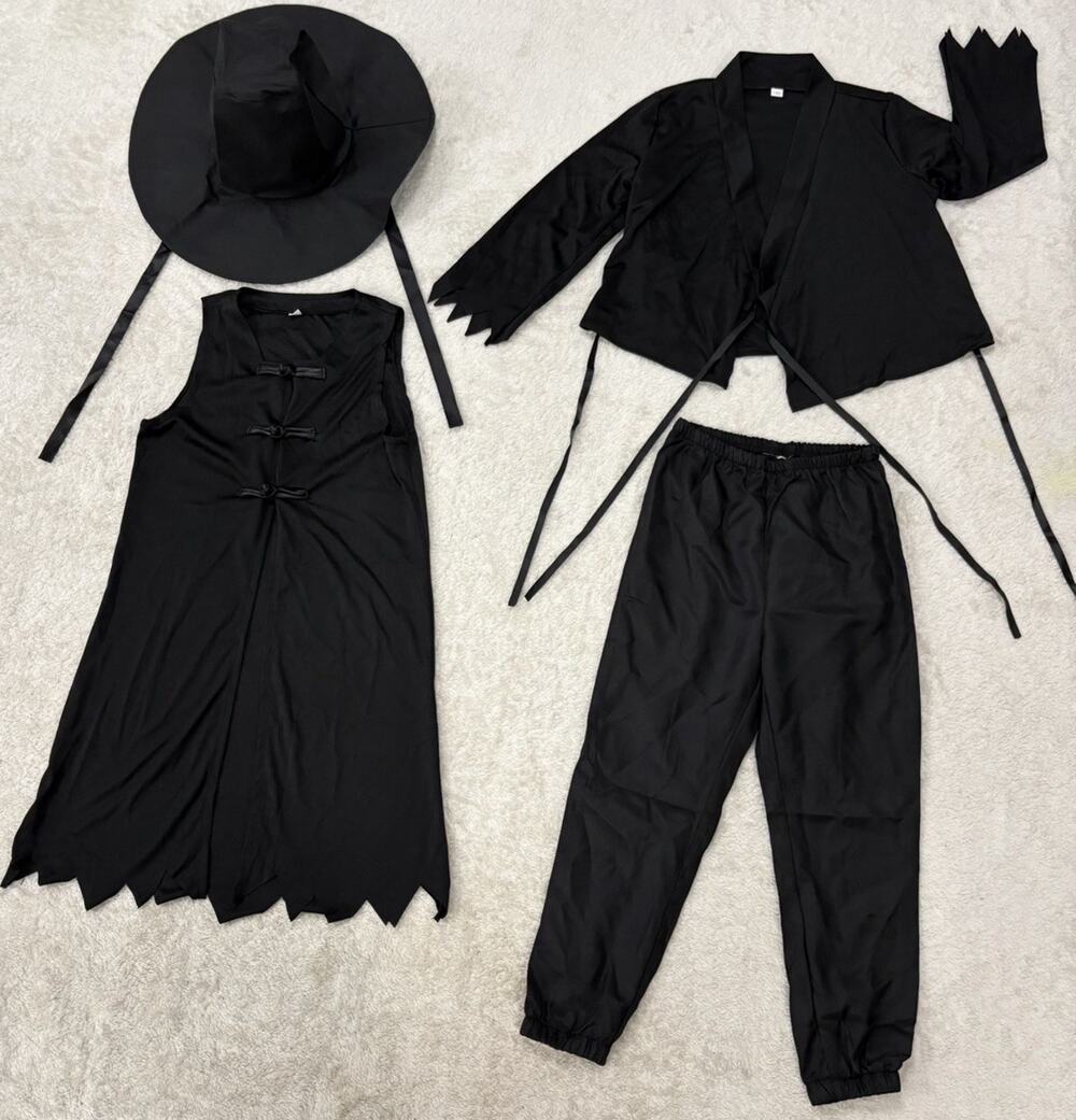 Kids Black Wizard Witch Costume Size 6-7 Hat Cape Top Pants Halloween 4 Piece